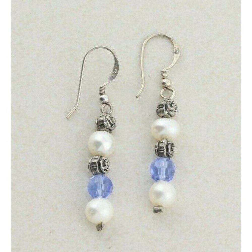 Sterling Silver Pearl and Flower Blue Earrings Dangle Drop Earrings